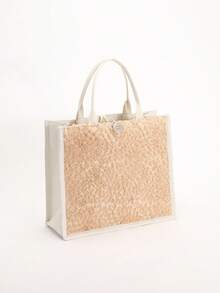 1pc Colorful Sequin & Mesh Patchwork Linen Tote Bag, Fashion Floral & Leaf Embroidery Design, Large Capacity Square Shoulder Bag, Casual Vacation Style Shopping Bag (Floral Pattern Randomly Distributed) - Khaki - View 7