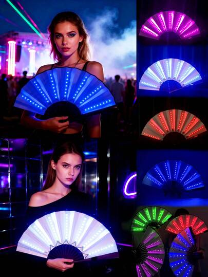 2pcs LED Light-Up Short Fans - Photobooth Props,4 Colors Available, Decorative And Foldable, Suitable For Stage Performances, Parties, Weddings, Festivals, Traditional Dances, Halloween, Carnivals, Matching Dance Costumes, And Photography Shoots