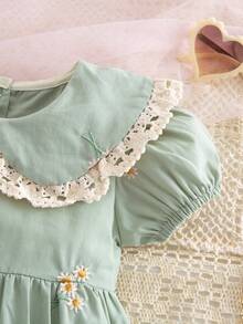 1pc Girls Embroidered Short Sleeve Dress, Ruffle Collar Casual Elegant Dress For Toddler & Young GirlSummer - Green - View 6