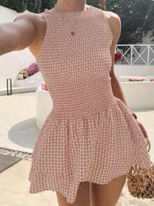 Vestido mini ajustado sin mangas a cuadros azules, estilo francés dulce para vacaciones, primavera/verano - Rosa Pálido - Ver 7