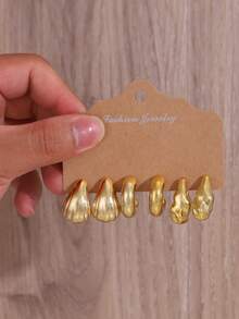 3-9 Pairs Multi-Style Gold Stud Earrings Set, Asymmetrical Textured Water Drop C-Shaped Metallic Earrings, Niche Design Versatile Commuter Earrings For Women - Gold - View 9