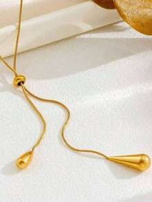 1 pieza Collar con colgante de gota de agua de metal minimalista y de alta gama en estilo retro, accesorio diario para mujer - Amarillo Oro - Ver 3
