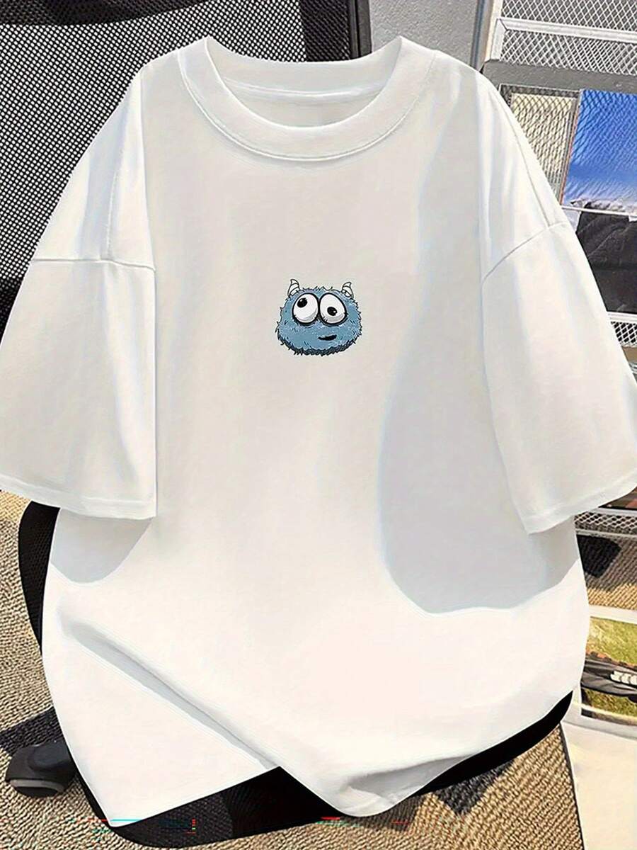 Soft Blue Monster Face Graphic Print T-Shirt - Cute Casual Urban Style Cartoon Print T-Shirt, Comfortable And Breathable Fit For All Seasons, Short Sleeve Crew Neck H-Cut T-Shirt For Everyday Urban Wear And Themed Events, Soft Machine Washable Fabric - 白色 - 查看 1