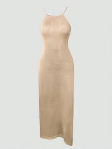 Đầm dệt kim xuyên thấu Yuwenier, đầm dệt kim hở lưng xẻ cao, áo khoác ngoài mùa hè bằng dệt kim, đầm đi nghỉ mát, trang phục dự lễ hội âm nhạc, đầm dạ hội thanh lịch dành cho phụ nữ mùa xuân - Màu Khaki - Xem 5