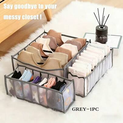 1 hộp đựng đồ gấp gọn dùng trong tủ quần áo, đựng đồ lót, tất và áo ngực, hộp chia ngăn bằng lưới thoáng khí với thiết kế nhiều ngăn, giải pháp sắp xếp ngăn kéo tiết kiệm không gian giúp loại bỏ tình trạng tủ quần áo bừa bộn, rất phù hợp cho phòng ngủ, phòng ký túc xá và không gian nhỏ, màu xám.