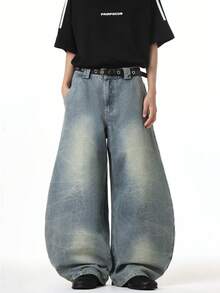 1 chiếc quần jeans ống rộng phong cách đường phố Mỹ Hearty Haven dành cho nam, chất liệu denim mài rách, thoải mái, dáng rộng (không kèm thắt lưng hoặc phụ kiện) - Màu xanh lam - Xem 3