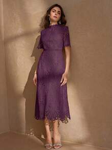 Elegant Back Zipper Round Neck Lace Patchwork Fitted Slim Luxury Dress For Women Summer - Purple - View 6