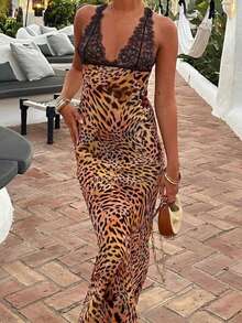 Vacation Leopard Lace Pattern Fashion Versatile Street Photography Spring/Summer Outfits Women's Long Dress,Casual - Multicolor - View 7