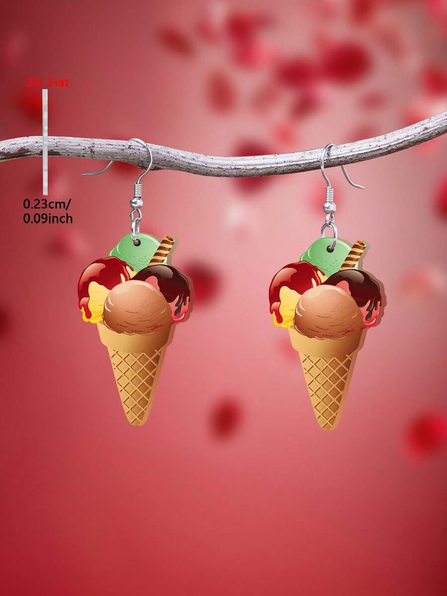 1 Pair 2D Flat Ice Cream Acrylic Pendant Earrings, Cartoon Elegant Minimalist Style Jewelry Earrings For Women, Suitable For Daily Wear And Vacation - Orange - View 1