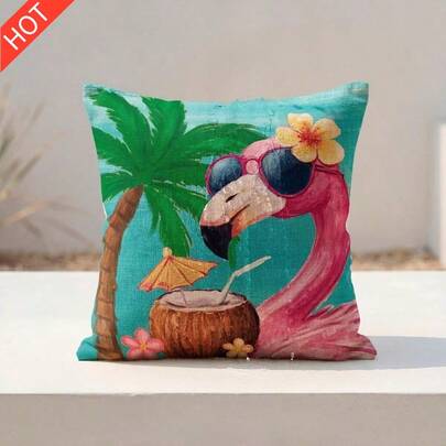 Tropical Fade-Resistant Linen Pillow Cover 18x18, Premium Blue Palm Flamingo Decor, Easy Care Living Room Bedroom Outdoor Cushion, Beach Lover Gift