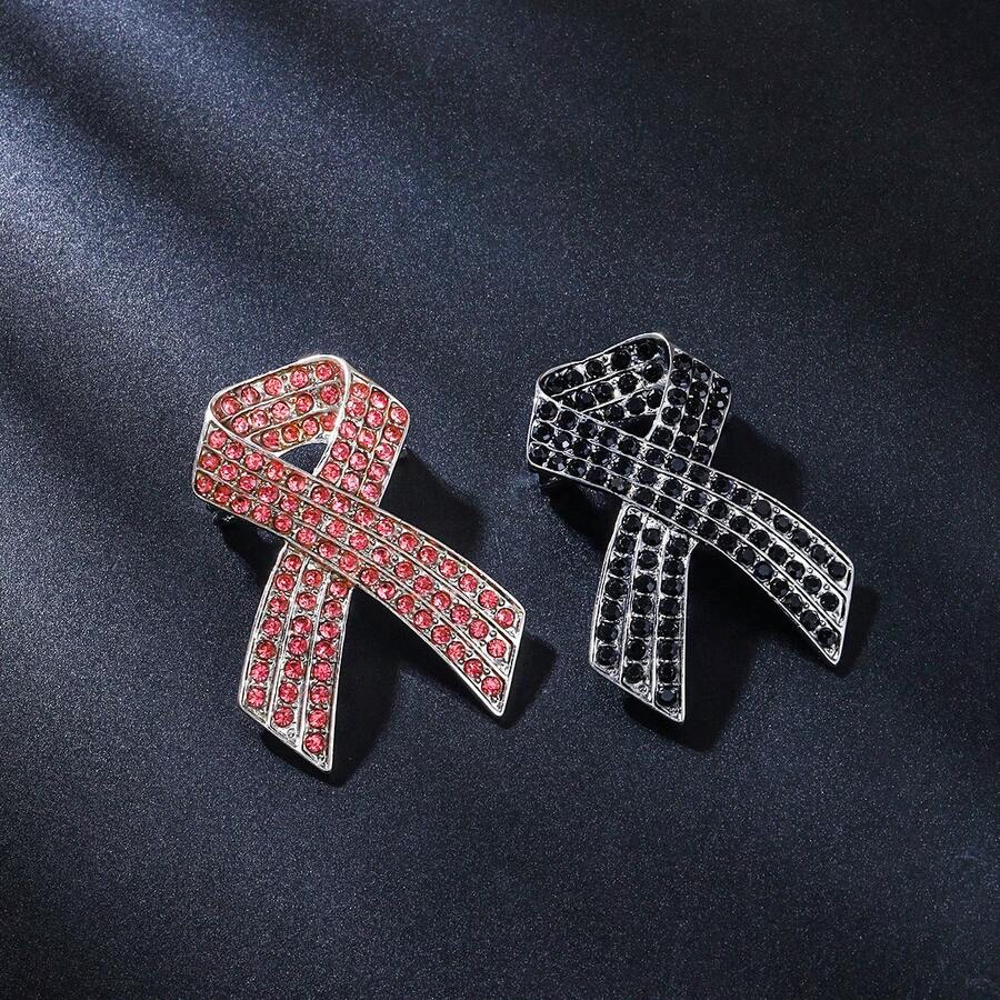 Silver-Plated Rhinestone Encrusted Ribbon Lapel Pin, Luxury Breast Cancer Awareness Commemorative Brooch, Fashion Suit Accessory Symbolizing Hope For Breast Cancer Prevention, Breast Cancer Awareness Month October Gift - Commemorative Bracelet - View 1