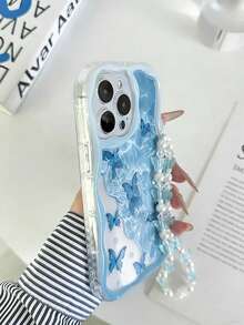 Ốp điện thoại chống rơi hình bướm, viền lượn sóng, màu kem, bóng bẩy, kèm vòng tay đính hạt thủ công, tương thích với iPhone 16/11/16pro/16plus/16promax/16e/15Promax/13/14/12 - Nhiều màu - Xem 4