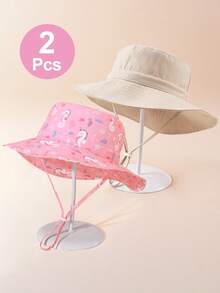 2 piezas Sombrero de cubo para niños con estampado de caballito de mar y correa para la barbilla, protección solar de verano y playa - Caballito de mar beige y rosa - Ver 6