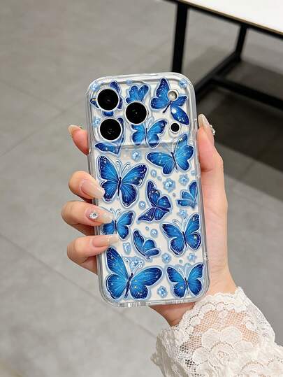 1 Peça Capa de Telefone com Padrão de Borboleta Azul, Design de Lente Minimalista Transparente Anti-Queda, Adequado para iPhone 17/16 Pro/16 Plus/15/15 Pro Max/15 Pro/14 Pro Max, Galaxy A06/12/A13/A16/S21/S22/S23/S24/S25/S26, Moda, Fresco, Criativo, Personalizado, Estilo Fofo, Presente Ideal para Amigos, Namoradas e Amigas, Versão Internacional, Não a Versão Doméstica