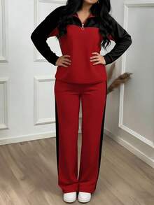 Women's Casual Set, Elegant Sports Suit With Lapel Loose Top And Wide-Leg Pants, 2 Pieces Set, Autumn/Winter Spring - Red - View 3