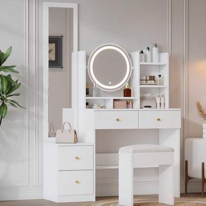 4-In-1 Vanity Table / Luxurious Style Vanity Table / With Full-Length Mirror And Rotating Table Mirror / Includes Vanity Stool / Suitable For Bedroom, Living Room And Other Rooms, White