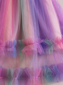 女婴可爱甜美彩虹网纱吊带泡泡袖连衣裙，夏季假日风格 - 彩色 - 查看 7