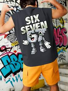 2pcs Boys' Casual Street Style Set, Loose Fit Building Block & Number 67 Graphic Tank Top And Khaki Shorts, Suitable For Summer School Sports And Street Wear - Dark Grey - View 3