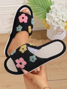 可愛刺繡花卉毛絨女款拖鞋 春夏秋季適用 黃麻底 開趾 一腳蹬 透氣 室內居家拖鞋 - 黑色 - 查看 6