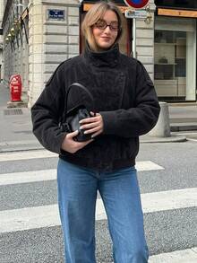 女士春季新款时尚纯色仿皮夹克，休闲夹克，复古立领，拉链口袋，高街风格街头服饰黑色 - 黑色 - 查看 9