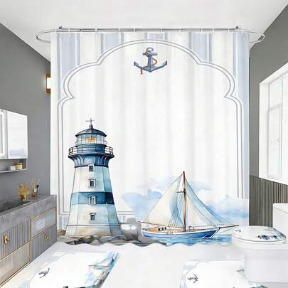 Bộ phụ kiện phòng tắm chủ đề hải đăng và thuyền buồm vẽ màu nước (1/3/4 món), mang đến cảm giác tươi mới và thoải mái với không khí mùa hè, trang trí nhà cửa, bộ phụ kiện phòng tắm, bao gồm rèm tắm, bộ rèm tắm. Rèm tắm nhiều kích cỡ và bộ phụ kiện đồng bộ, vải polyester bền, chống nấm mốc, bộ trang trí phòng tắm bao gồm rèm tắm, thảm chữ U cho bồn cầu, thảm chống trượt, nắp bồn cầu và 12 móc treo rèm tắm, thích hợp làm quà tặng Ngày của Mẹ, quà tặng mùa tựu trường.