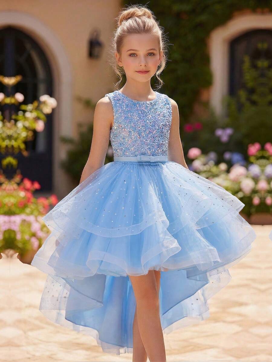 Tween Girls' Sleeveless Sequined Tulle Big Swing Tail Princess Dress, Teenager Bridesmaid Formal Party Gown - 藍色 - 查看 1