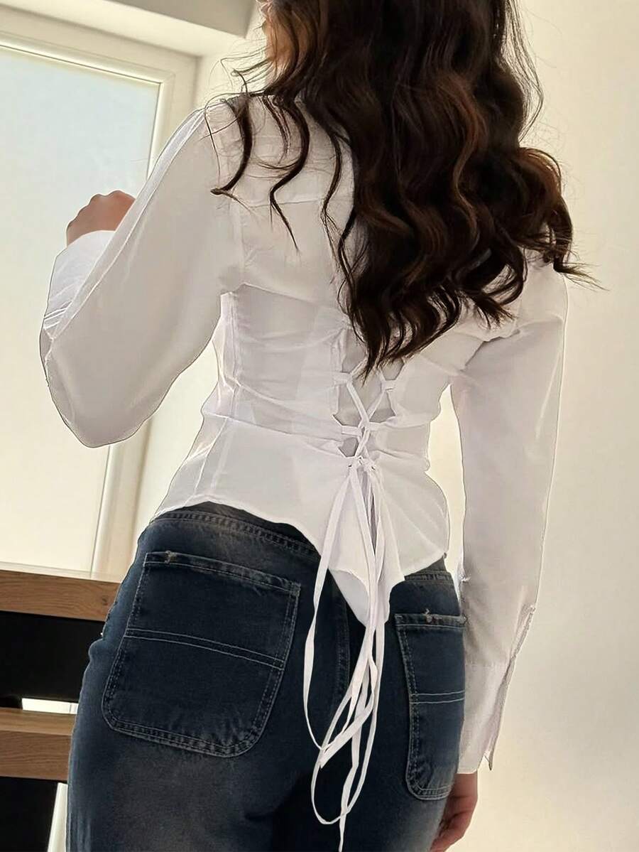 女士简约休闲纯白色性感优雅系腰翻领衬衫，适合日常、约会、情人节、通勤、春夏秋季穿着。 - 白色 - 查看 1