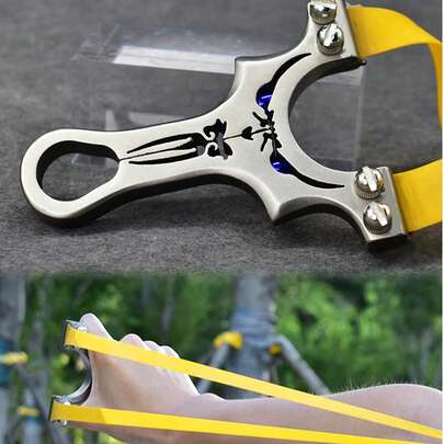 1支不锈钢弹弓，适用于户外射击，配有扁平橡皮筋，适合户外射击练习、比赛、钓鱼和猎鸟等休闲娱乐用途。