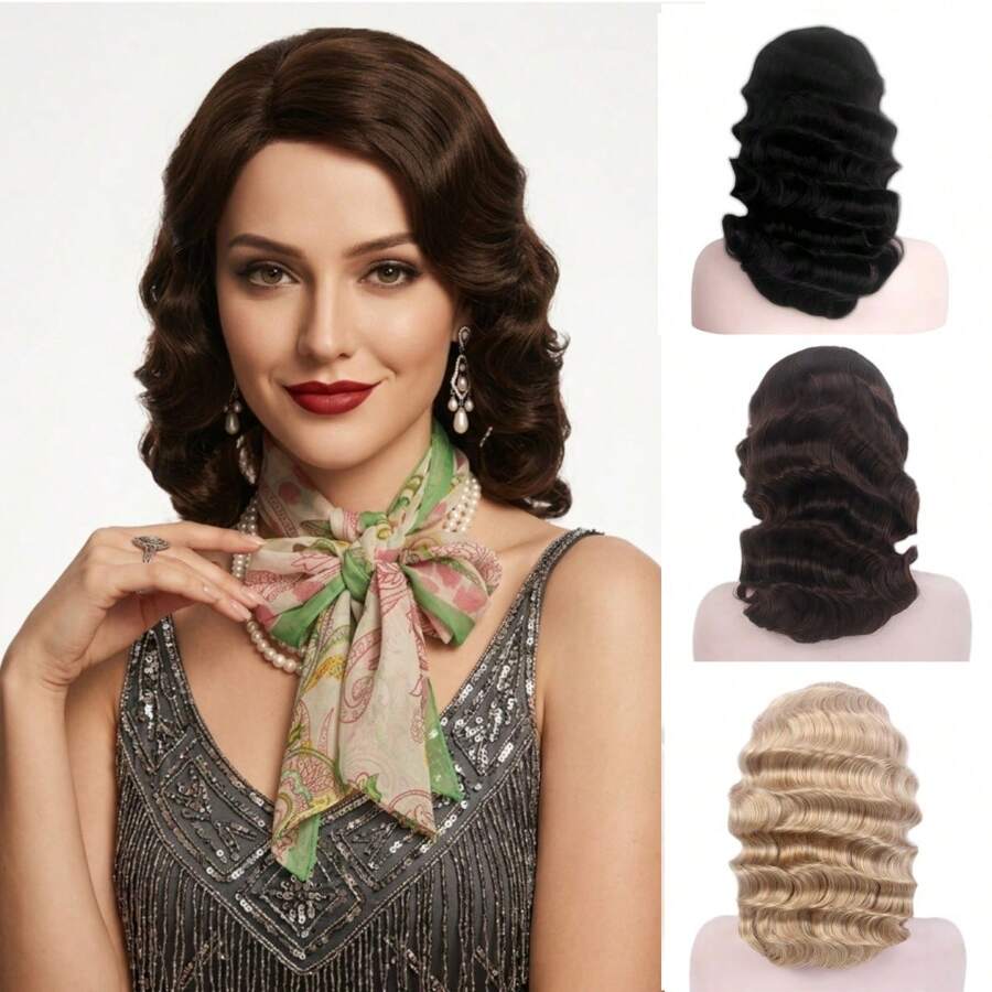 19-Inch 1920s Long Wavy Curly Wig, 1920s Flapper Style Wig For Party, Natural Synthetic Hair For Women, Suitable For Christmas, Halloween, Cosplay, Available In Brown, Ash Blonde, Black