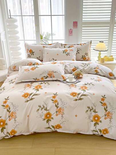 Champagne Floral Pattern 3 PiecesBedding Set (1 Duvet Cover, 2 Pillowcases), Soft & Comfortable Bedroom Linens, Minimalist Pastoral Style Without Filler, Skin-Friendly, Suitable For All Seasons, Multiple Sizes Available