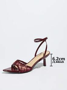 Women's High Heels, Suitable For Spring/Summer Parties, Gatherings, Dances, Outdoor Occasions. Fashionable High-End Unique Kitten Heels, Pointed Toe, Shiny Mesh Material, Adjustable Ankle Strap. Elegant, Comfortable, Versatile Formal Wear Sandals, Wine Red Color - Burgundy - View 4