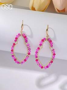 1 Pair Summer Vacation Style Colorful Hollow Beaded Earrings, Elegant Minimalist Sweet Versatile Earrings For Women, Suitable For Daily Wear, Beach Travel, Party, Wedding, Gift For Lover And Friends (Handmade Beads In Random Colors, Quantities And Positions) - Hot Pink - View 2