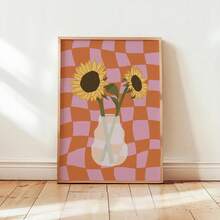 1pc Minimalist Aesthetic Sunflower In Vase Canvas Print, Frameless Warm Soft Tone Checkerboard Background Floral Wall Art Poster For Living Room Bedroom Kitchen Bathroom Office Home Decor, Perfect Gift For Him, Her And Flower Lovers - A - View 5