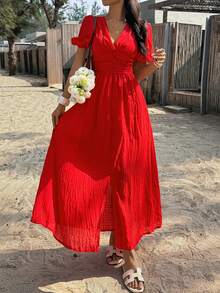 PoPoHouse Women's Solid Color Elegant V-Neck Puff Sleeve Dress, Suitable For Resort Wear, Spring/Summer Red - Red - View 7