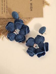 1 Pair Vintage Fabric Flower Earrings, Blue Floral Denim Effect Earrings, Sweet And Fresh For Women, Summer, Jewellery, Festival, - Dark - View 4