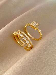 2pcs Micro-Set Square Diamond Stackable Rings – Minimalist Geometric Open Adjustable Rings, Statement Summer Holiday Jewellery, Elegant Sparkling Layered Finger Rings For Women - Yellow Gold - View 3