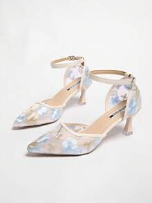 Nouvelles mules à talons hauts blancs de style chinois, sandales convertibles à bout pointu avec broderie de dentelle pour femmes, chaussures d'été - Bleu azur - Voir 4