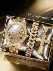 Luxury Shiny Watch And Bracelet Cross Necklace Set, Gold-Tone Teenager Steel Band Analog Watch Set, Stainless Steel Strap, Calendar Function, Inlaid Design, Suitable For Daily, Party, Banquet Outfit, Non-Rechargeable Battery, Birthday Gift For Others, Elegant Mother's Day Gift, No Gift Box Included - Gold - View 7