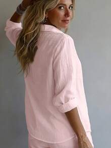 Women's Elegant Resort Style V-Neck Top, Loose And Relaxed Linen Blend Shirt, Suitable For Commuting, Casual, And Artistic Styles, Slimming And Flattering, Everyday Chic, Loose-Fitting, Draping, Breathable, Comfortable, And Relaxed Style. - 粉色 - 查看 3