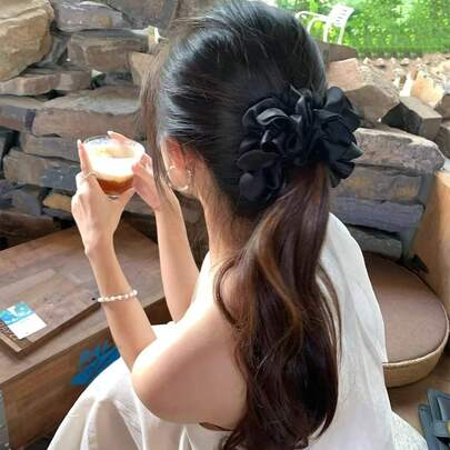 New Spring/Summer Satin Multi-Layer Floral Scrunchie, Elegant Large Flower Bud Hair Tie, Solid Color Polyester Hair Accessory For Bun