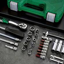 53件套工具组，包括1/4英寸驱动深套筒和标准套筒、棘轮扳手套装、S2和CR-V套筒、快拆棘轮扳手及其他汽车维修配件，维修工具套装 - 多色 - 查看 6