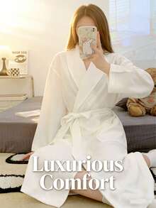 1pc Waffle Weave Solid Color Shawl Collar Bathrobe, Loungewear Robe, Soft Absorbent Cotton For Bathroom, Bedroom, Pool - White - View 3
