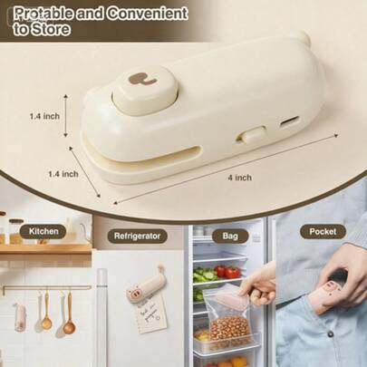 1pc Food Packaging Bag Sealer, Built-In Magnetic USB Rechargeable Battery, Portable Mini Heat Sealer, Suitable For Picnics And Travel, Manual Press Plastic Bag Sealer, Magical Sealing Tool For Chip Bags, Cookies Bags, Snack Bags And More, Resealable, Comes With Charging Cable, 16W Power, Great For Home And Travel Use AJZY
