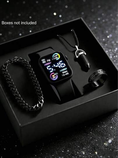 四件套：男童时尚简约经典LED数字显示方形电子手表，包含奢华手链、项链和戒指。适合学生日常佩戴、返校季、派对、旅行。是送给朋友、生日、毕业、圣诞节的理想礼物。送给男孩的完美礼物。