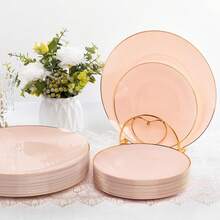 Bộ đĩa tròn đế hồng viền vàng, gồm đĩa nhỏ 7,5 inch và đĩa lớn 10,25 inch, có hai kích cỡ, dễ vệ sinh và tái sử dụng, phù hợp cho tiệc sinh nhật, tiệc chiêu đãi, đám cưới, ngày Valentine, ngày Thánh Patrick, lễ Phục sinh và các sự kiện khác. - Hồng - Xem 3