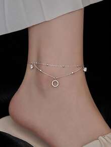 925 Sterling Silver Double Layer Design Circular Cubic Zirconia Anklet, Fashionable Multi-Layer Delicate Foot Chain Gift For Women - Silver - View 10
