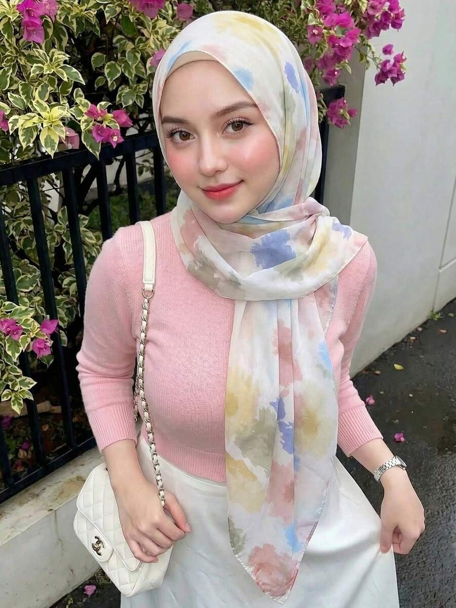1条女士宽边扎染印花围巾,轻盈透气柔软水彩印花头巾,优雅百搭的日常披肩,适合所有季节,也适合海滩、度假、配饰和旅行。 - 彩色 - 查看 1