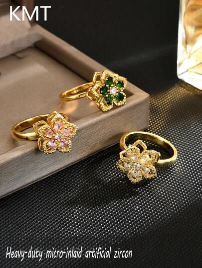 KMT 1pc Copper Zirconia 5-Petal Flower Rotatable Anti-Stress Luxury Fashion Open Ring Gift Box For Women Valentines