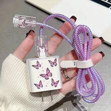 5-Piece Purple Flying Design Phone Charger Set 20W/18W, Charging Cable Protector, Charging Head Protective Case, Compatible With IPhone Charger 11 12 13 14 15 16 17 - Purple - View 1