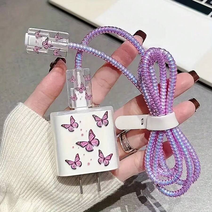 5-Piece Purple Flying Design Phone Charger Set 20W/18W, Charging Cable Protector, Charging Head Protective Case, Compatible With IPhone Charger 11 12 13 14 15 16 17 - Purple - View 1